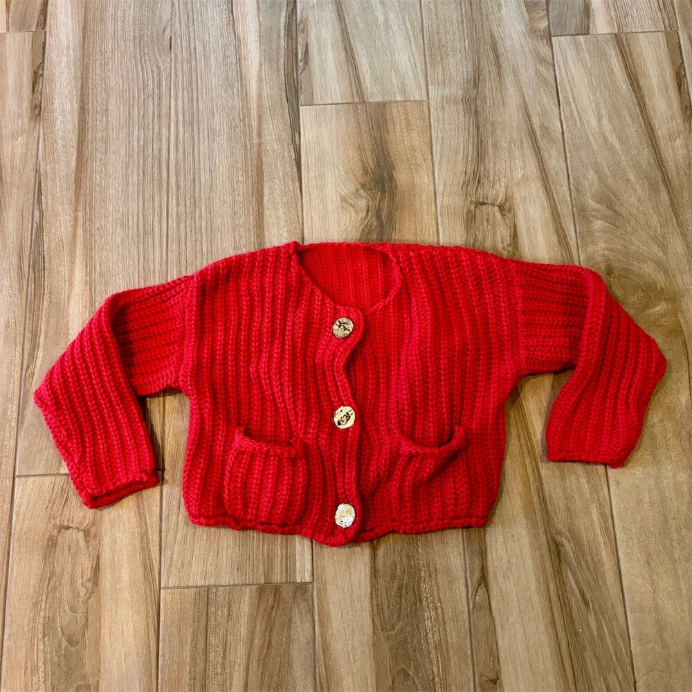 Fashion Cardigan Sweater Womens Size S Red Chunky Knit Button Front